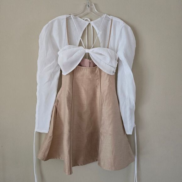 CHOUCHOU Women's  Mini Dress Beige and White Long Sleeve Size Small Preppy - Picture 2 of 6